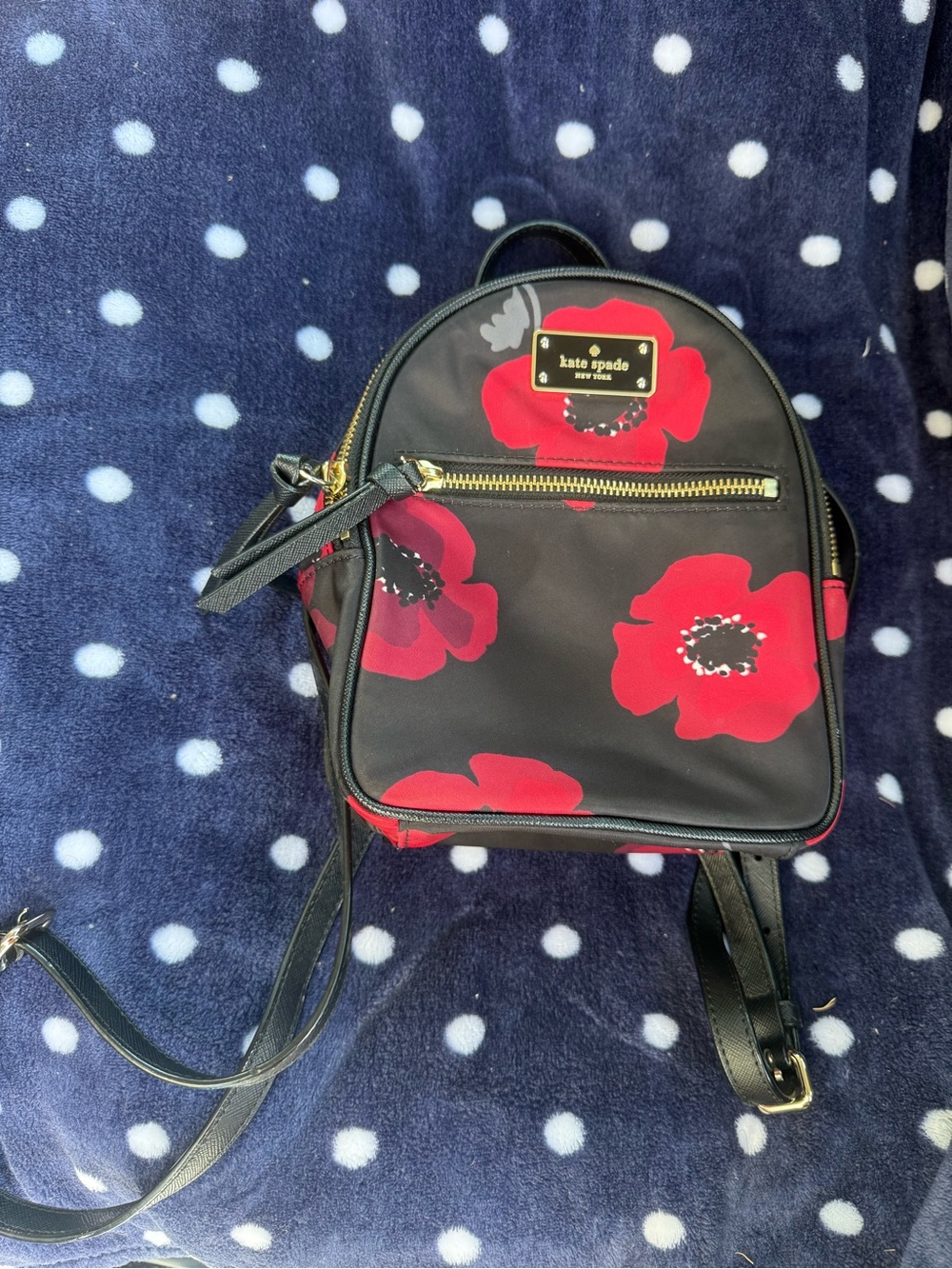 kate spade Black Mini Backpack with Red Floral Print